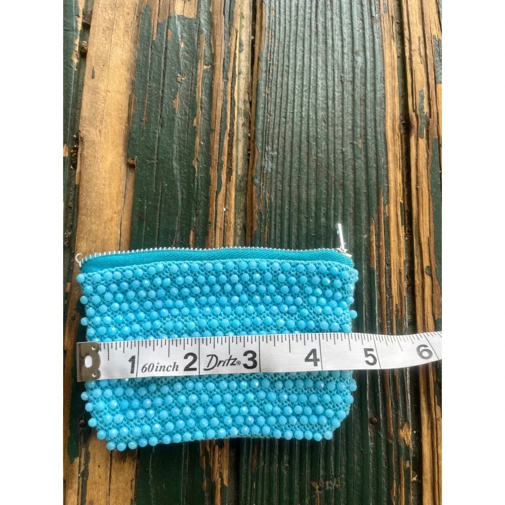 Vintage Turquoise Blue Beaded Zipper Pouch Set Coin Purse Makeup Bag 2pc